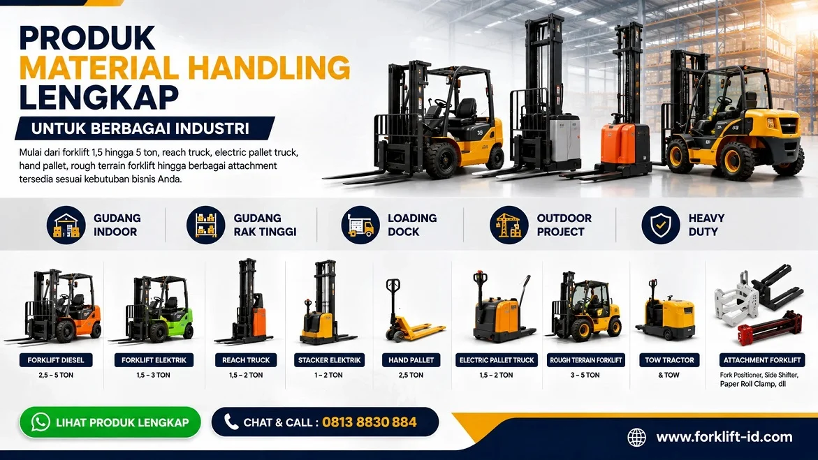 Produk forklift diesel, forklift electric, reach truck, electric stacker, pallet truck dan attachment
