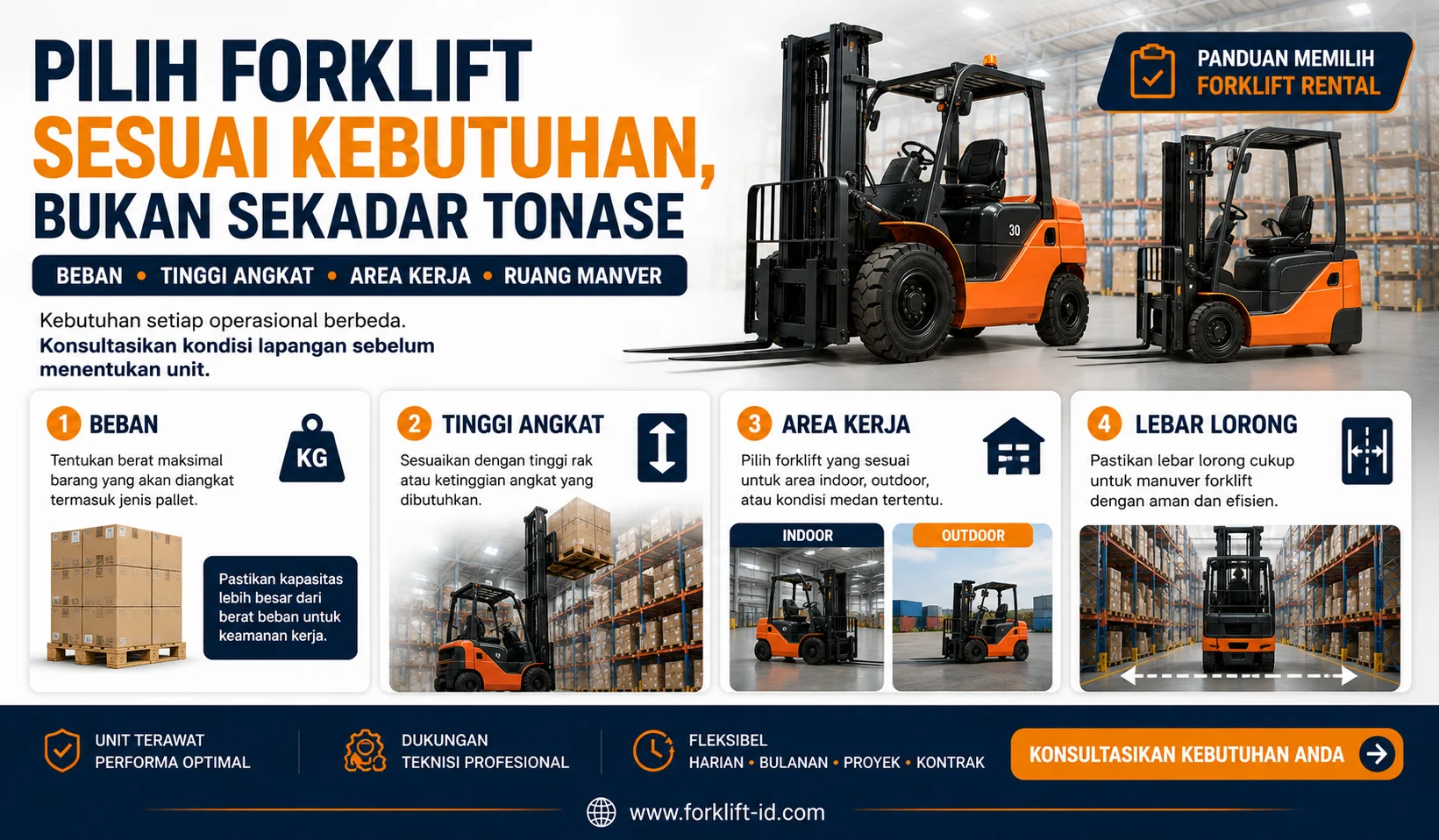 Cara memilih forklift rental berdasarkan beban tinggi angkat dan kondisi area kerja