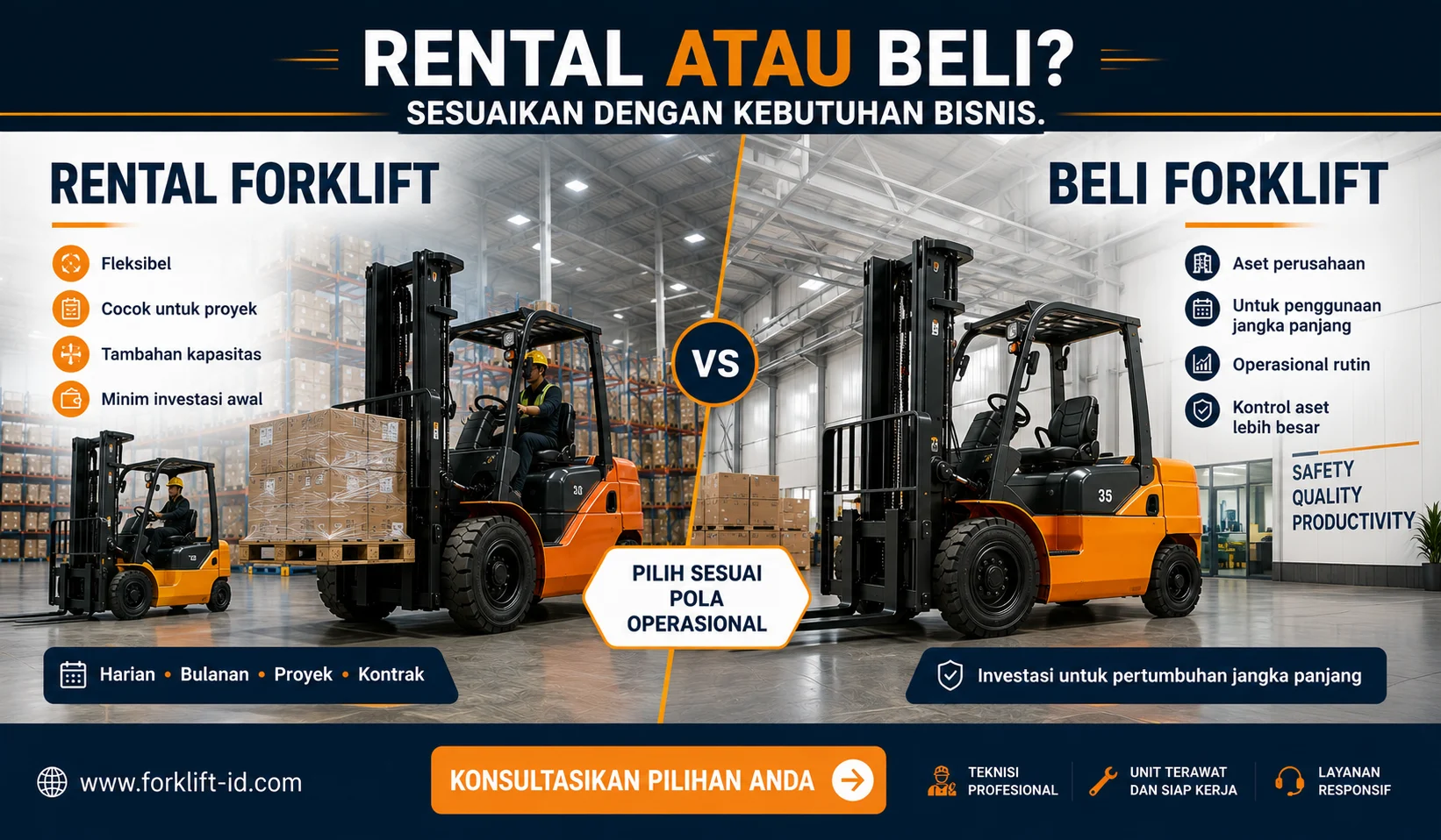 Perbandingan rental forklift dan beli forklift untuk kebutuhan bisnis