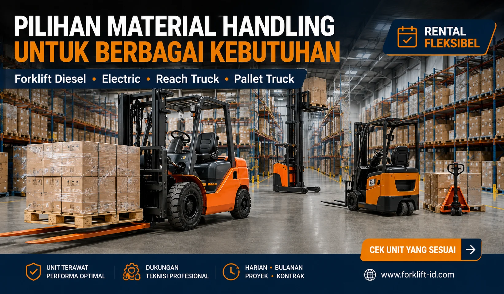 Pilihan forklift diesel electric reach truck dan pallet truck untuk rental material handling