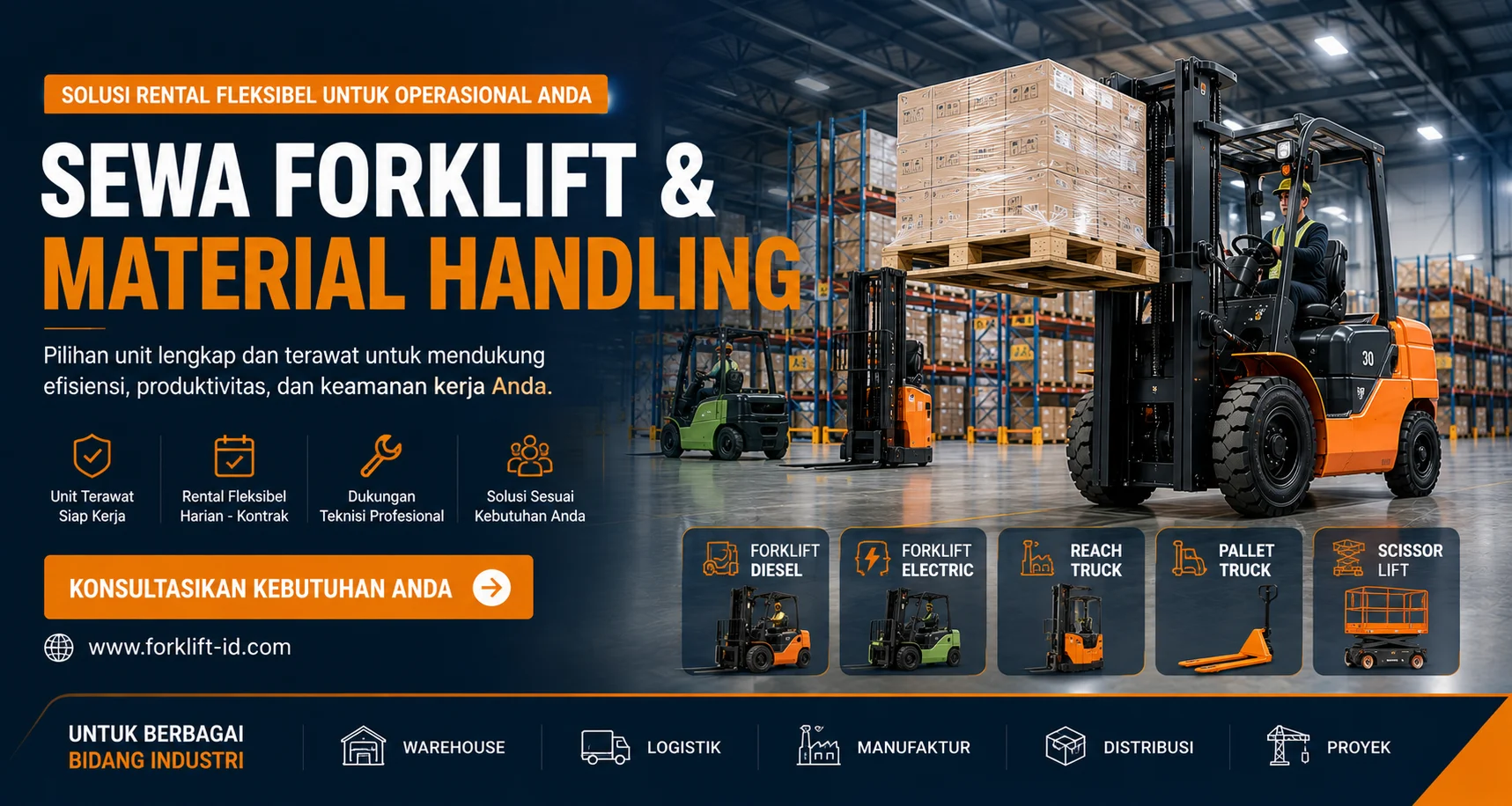 Sewa forklift diesel dan electric untuk kebutuhan material handling